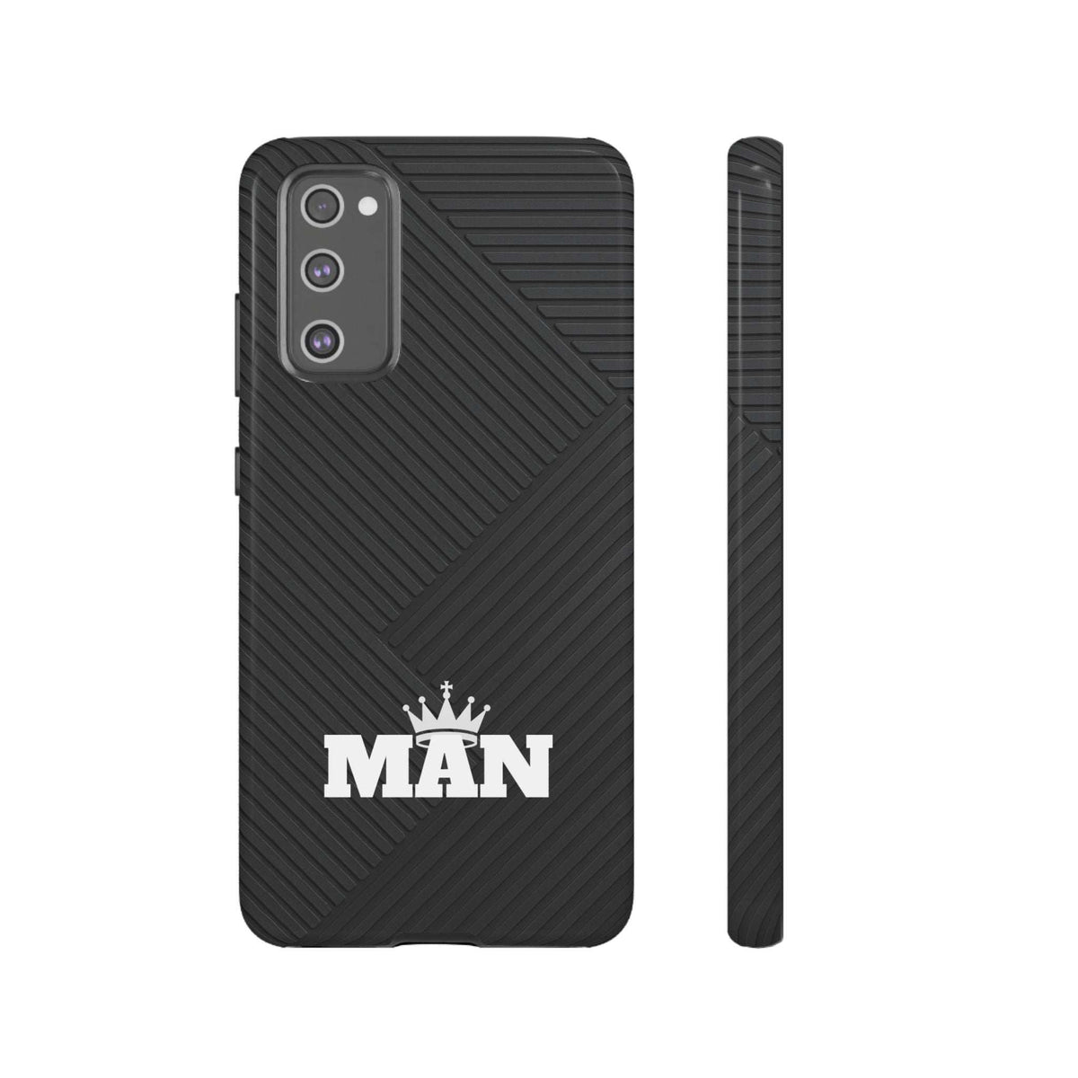 Black phone case with textured back, MAN logo, and camera opening on left.