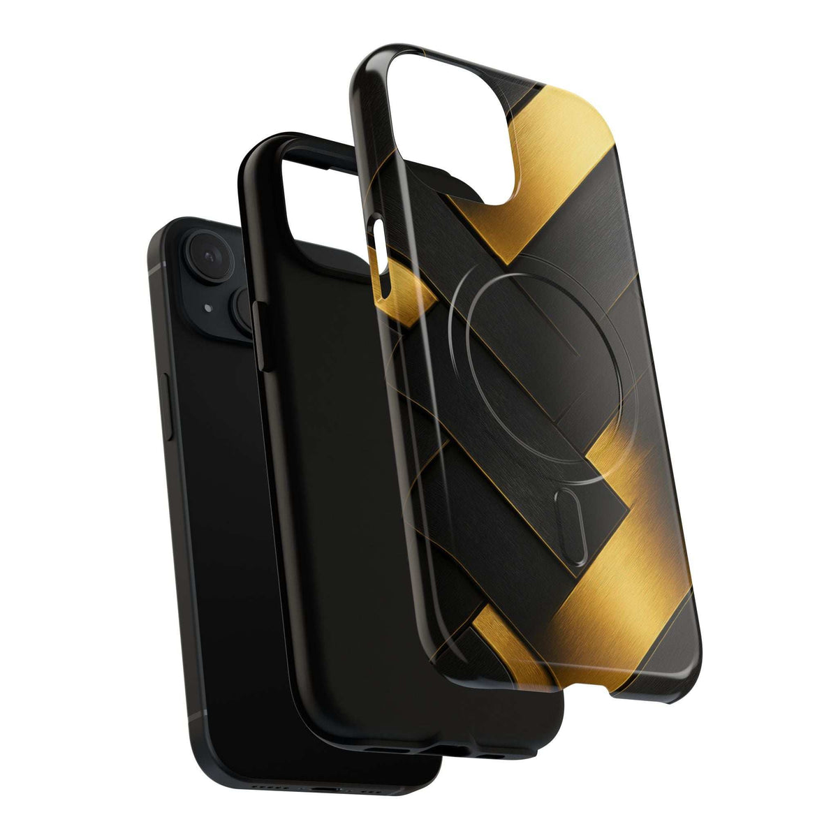 Glossy phone case: black and gold geometric grid, camera cutouts, raised bezel