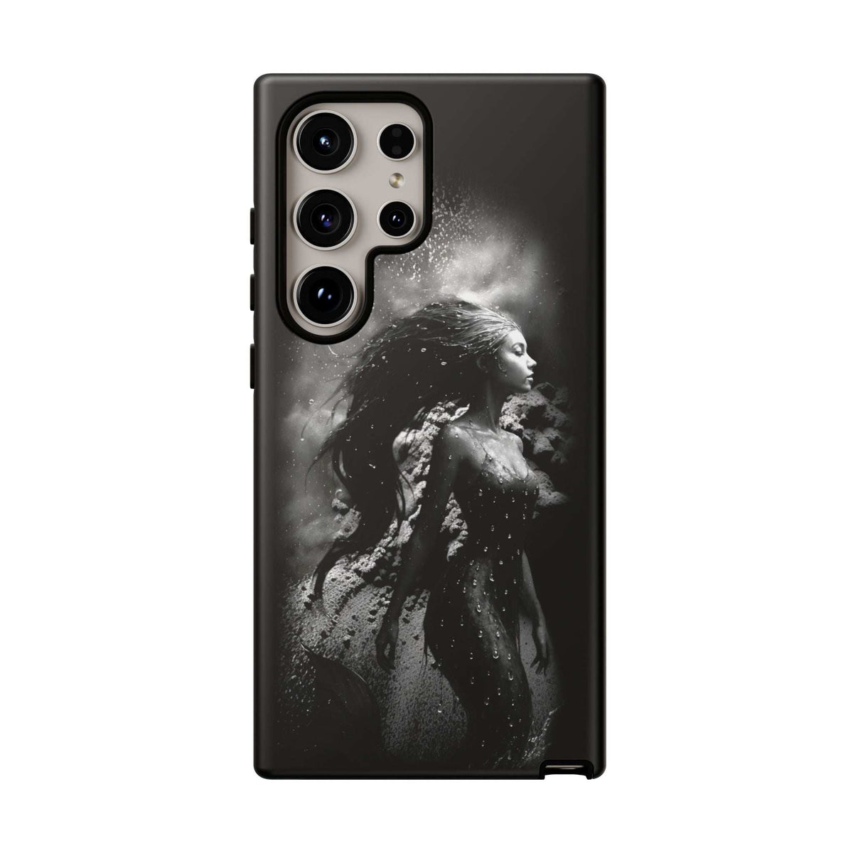 Monochrome mermaid phone case, black, front view with camera cutouts and side buttons