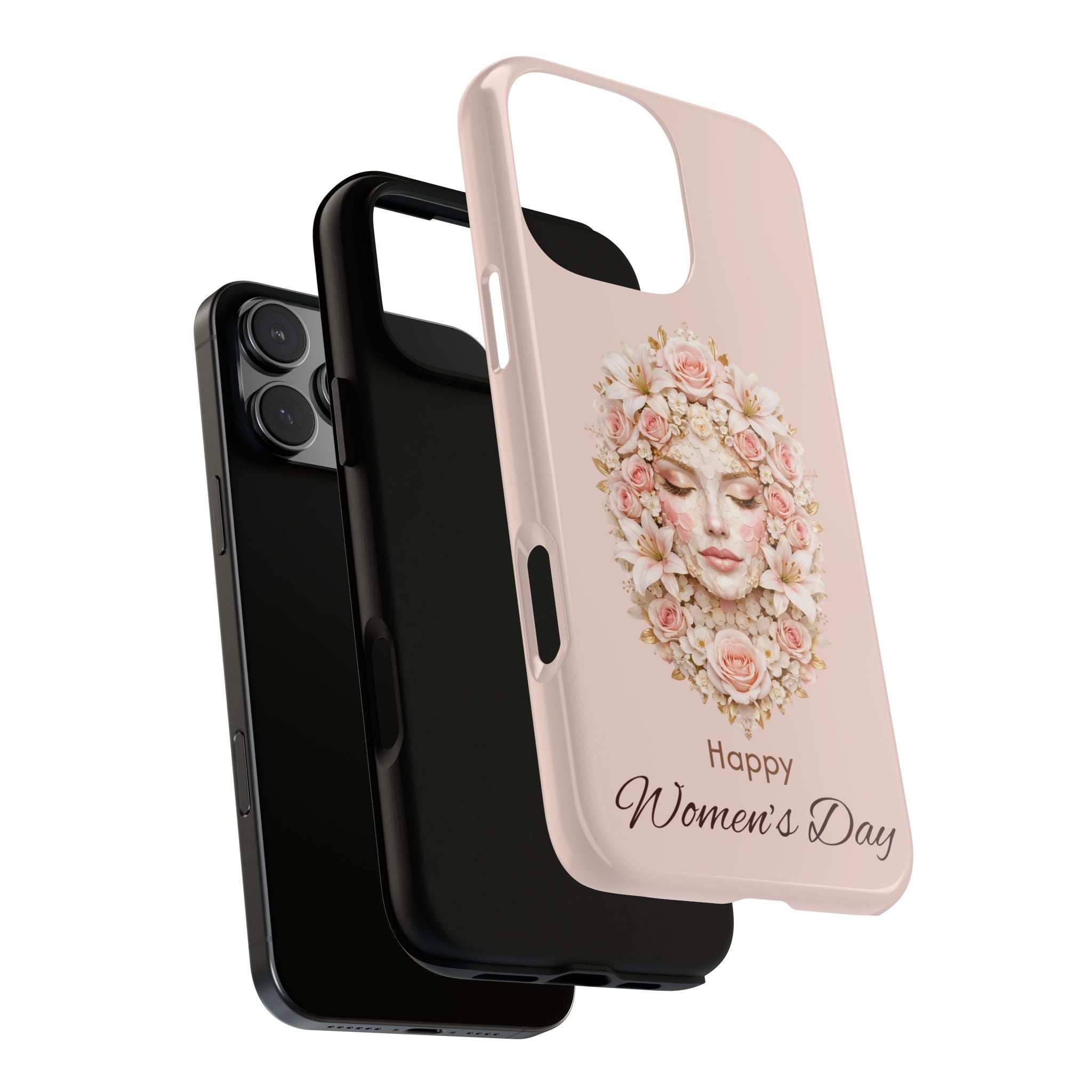 Light pink phone case with floral woman portrait and 'Happy Women's Day' text, side cutouts