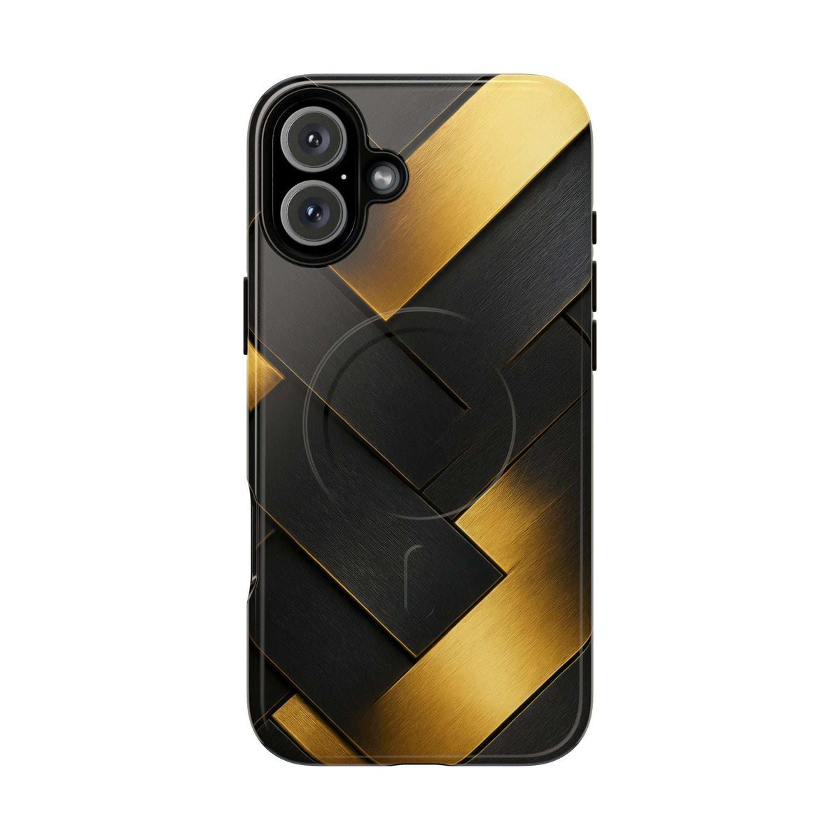 Glossy black phone case with gold diagonal band detailing and side grip openings