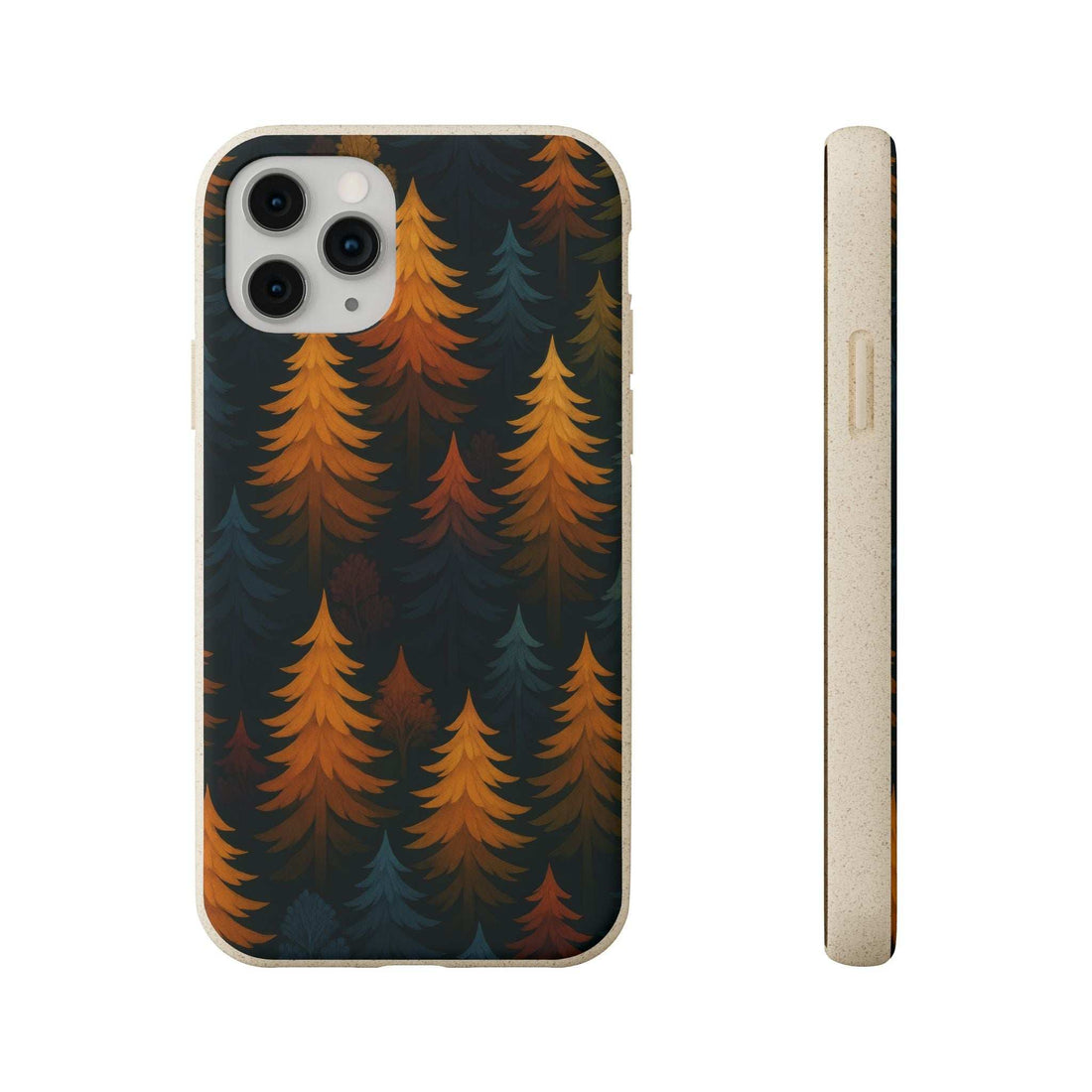 Biodegradable phone case with dark forest tree pattern and camera cutouts