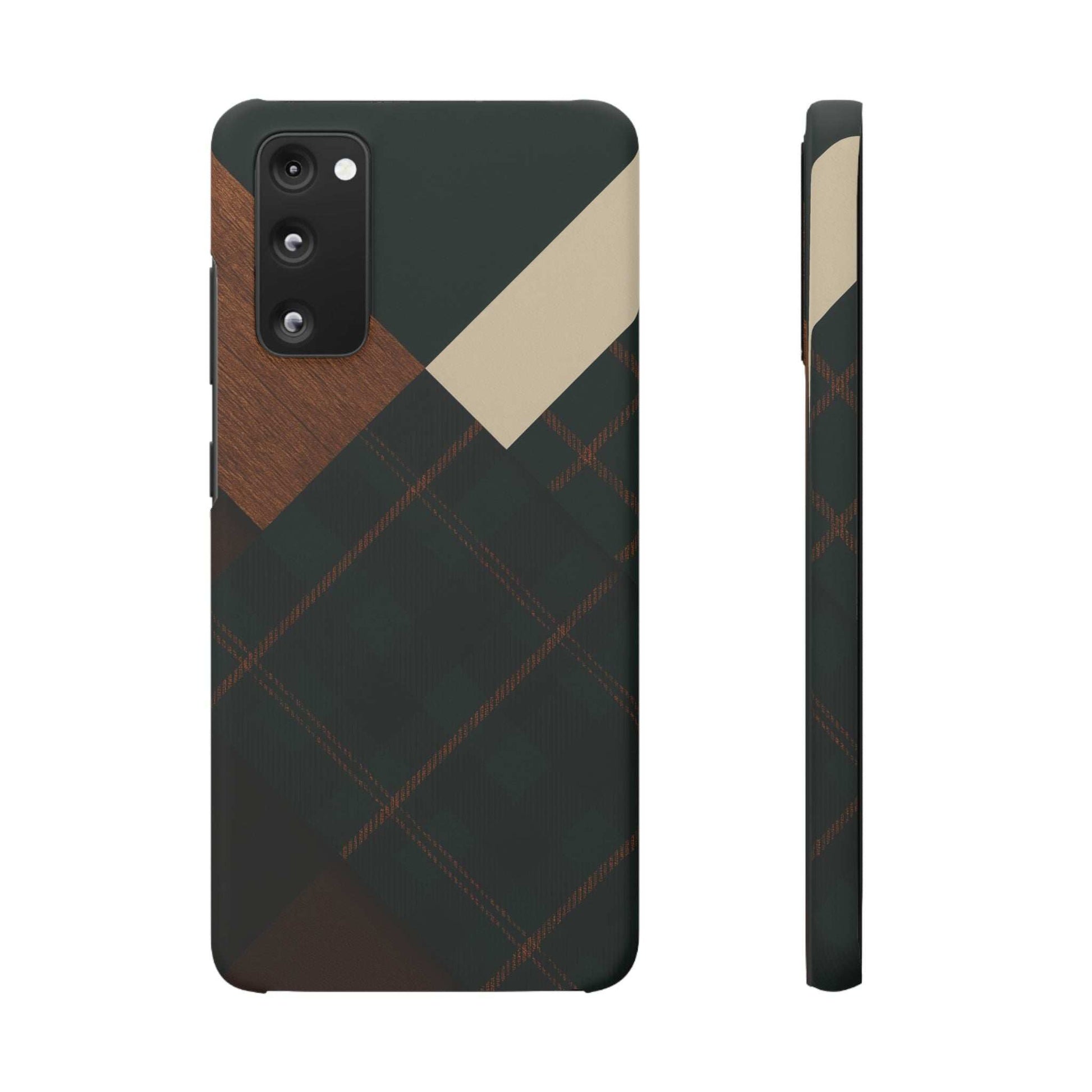Dark green phone case with wood-trimmed diamond plaid design and side edge view.