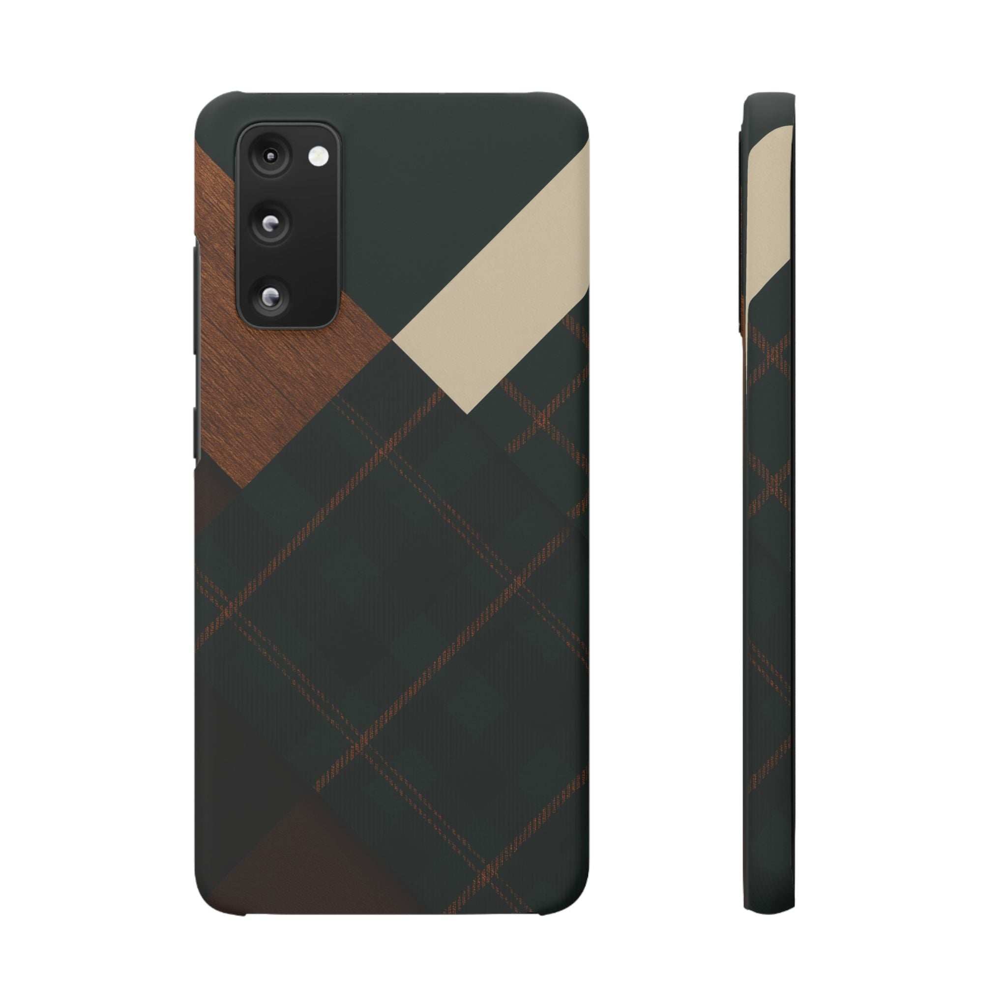 Dark green phone case with wood-trimmed diamond plaid design and side edge view.