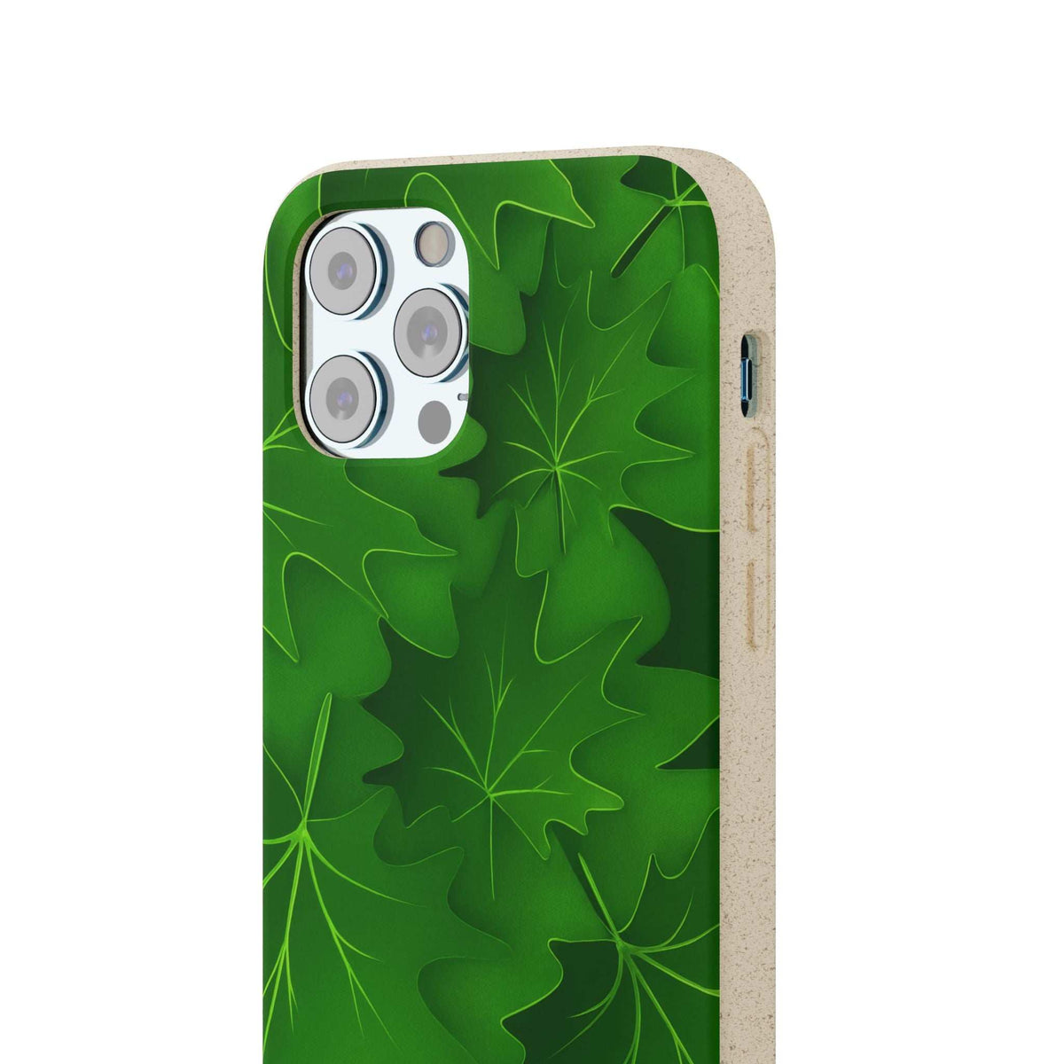 Green leaf phone case with side button cutout and camera cutouts