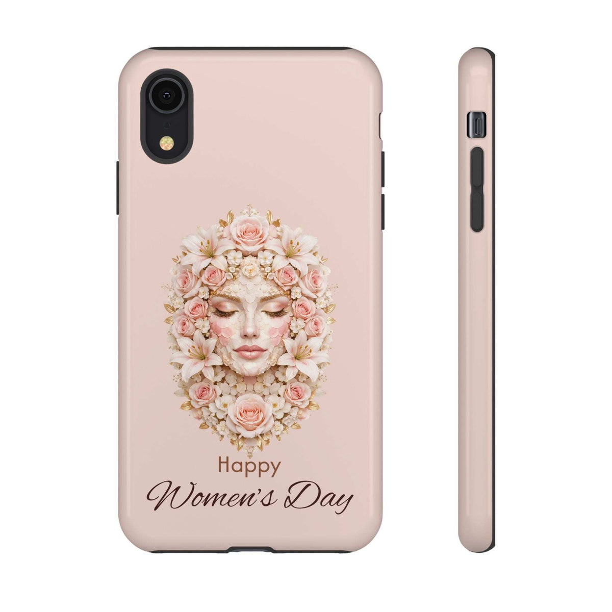 Pink iPhone phone case with floral woman face, 'Happy Women's Day' text; camera area and side view.