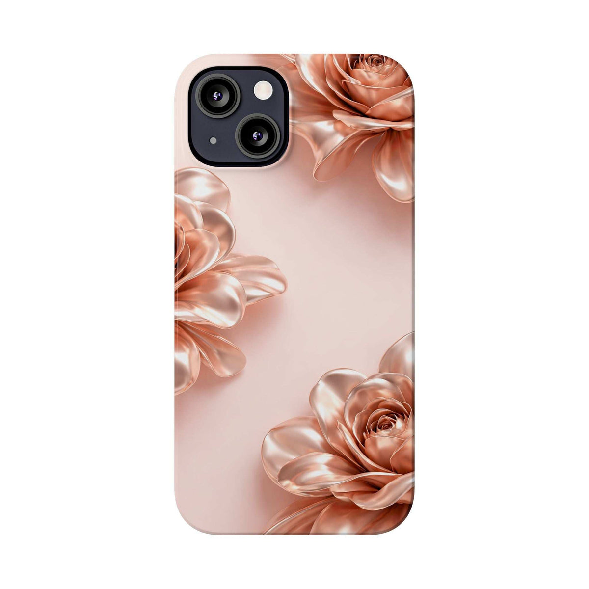 Blush pink phone case with metallic rose flowers and camera lens openings on top left.