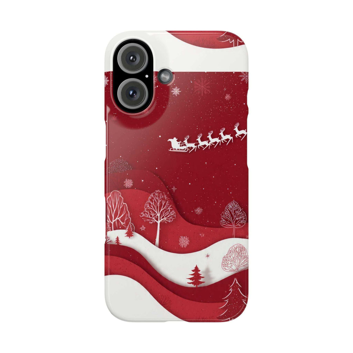 Red winter phone case with festive sleigh line and snowy landscape, white border trim