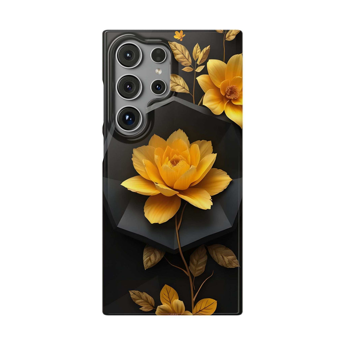 Black phone case with yellow blossoms and gold foliage, raised camera lens area