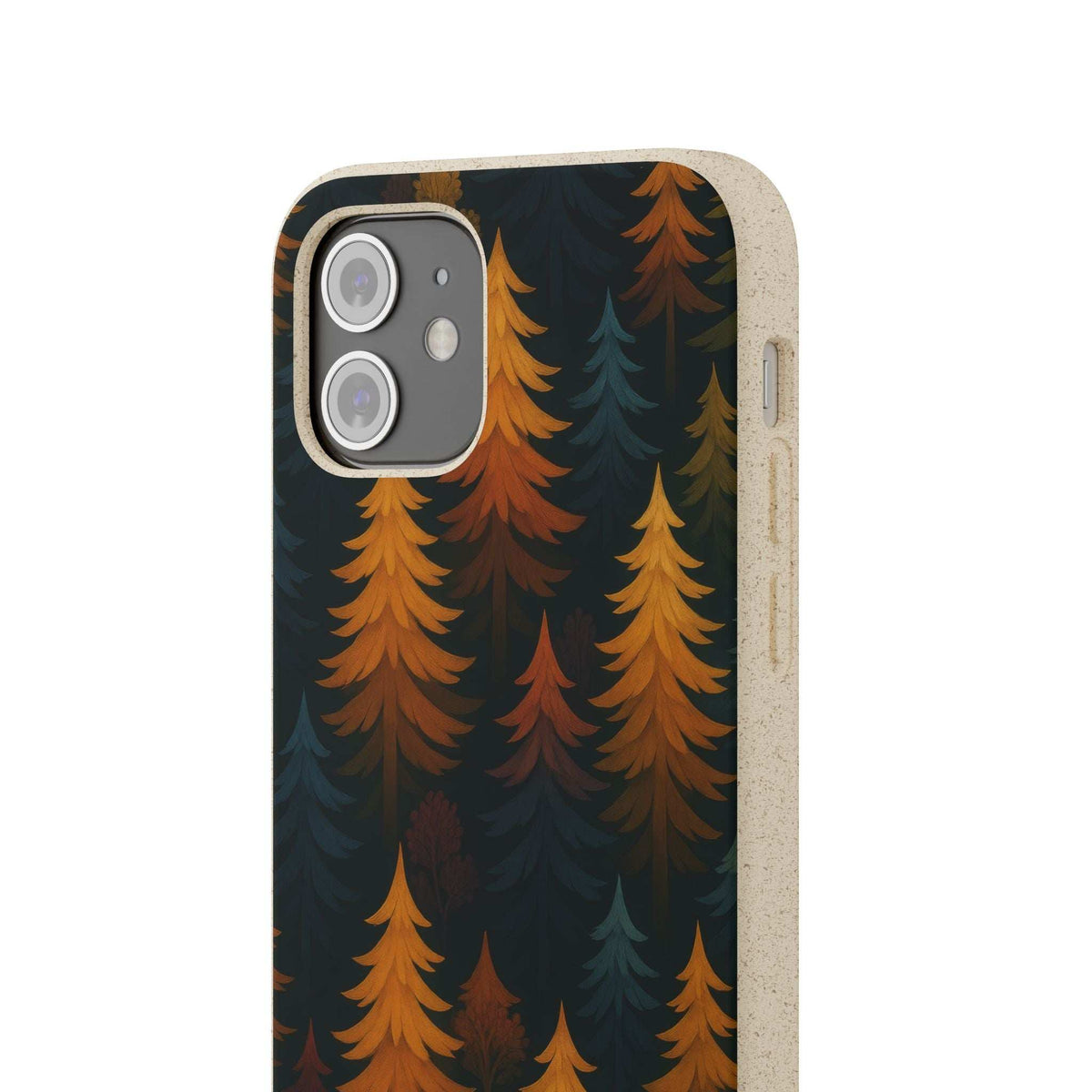 Biodegradable phone case with forest tree print, speckled beige sides, camera opening
