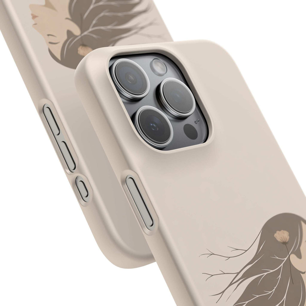 Light tan phone case at an angle with woman line-art, camera lenses, and side button cutouts