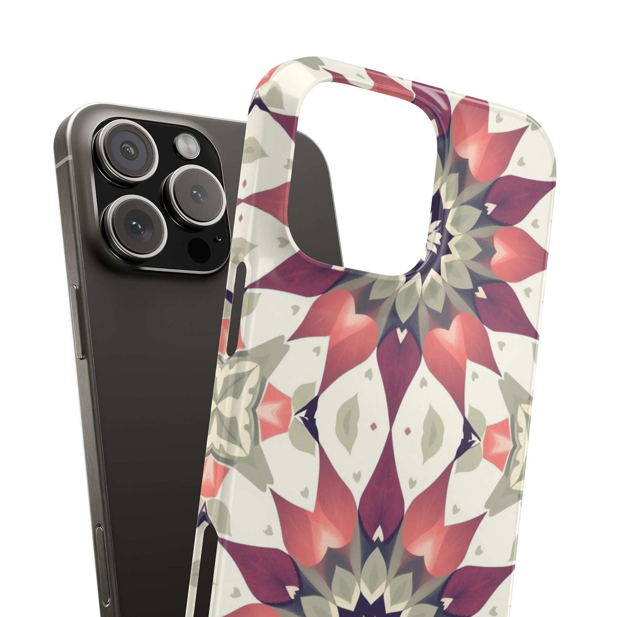 Phone case with burgundy and navy mandala floral pattern on cream, camera side profile and cutout.