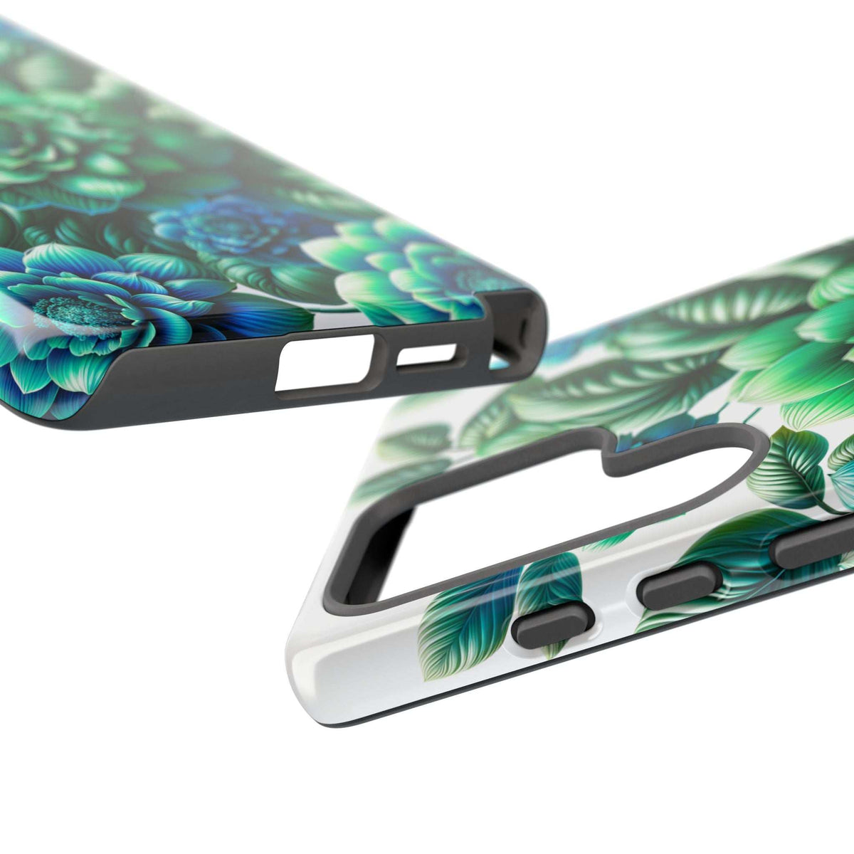 Green and blue floral phone case with side port and button cutouts, angled view