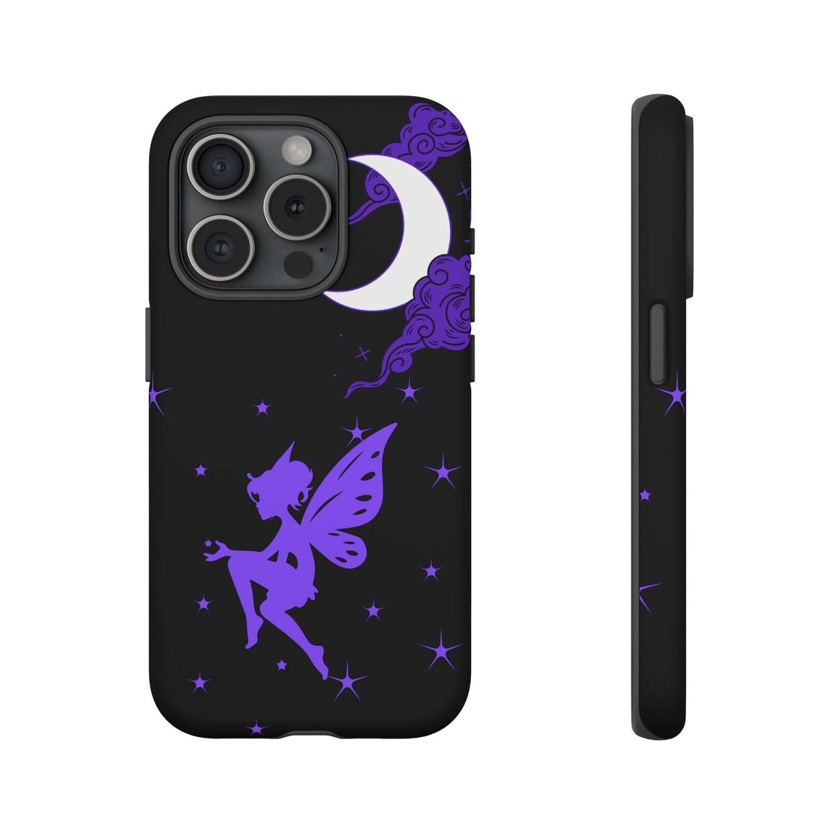 Black phone case with purple fairy, crescent moon, and star pattern; quad-lens camera cutout.