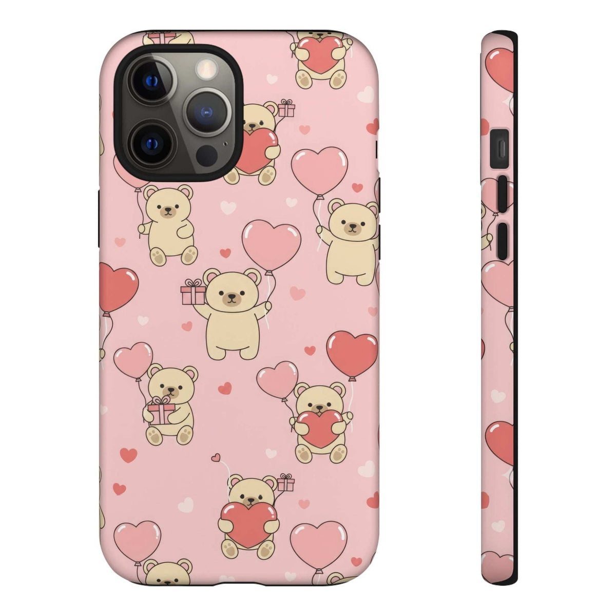 Pink teddy bear phone case with heart pattern, front view with camera lenses