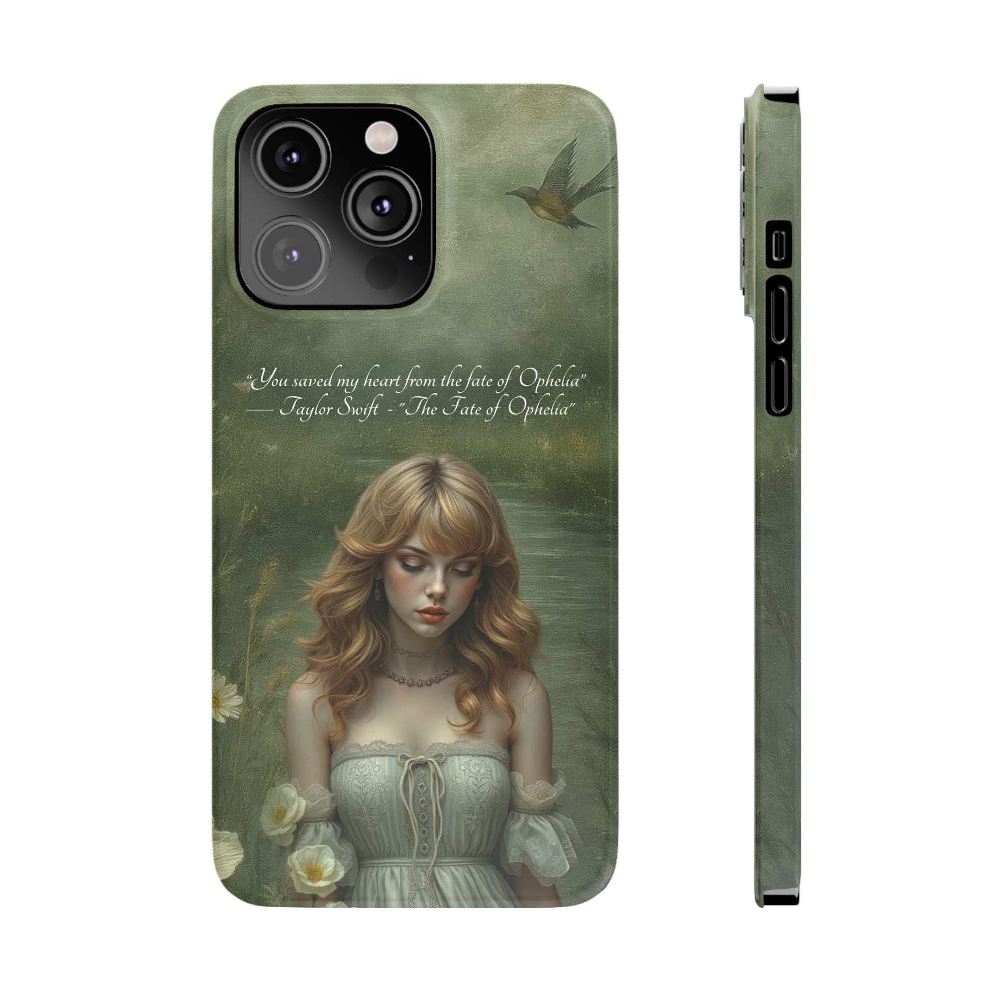 Green phone case with blonde woman illustration, bird near top, and raised camera bump