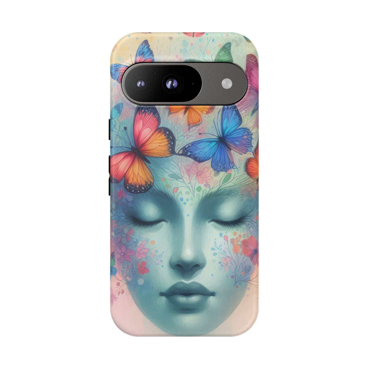 Butterfly face phone case with oval camera cutout, pastel blue skin and colorful butterfly print