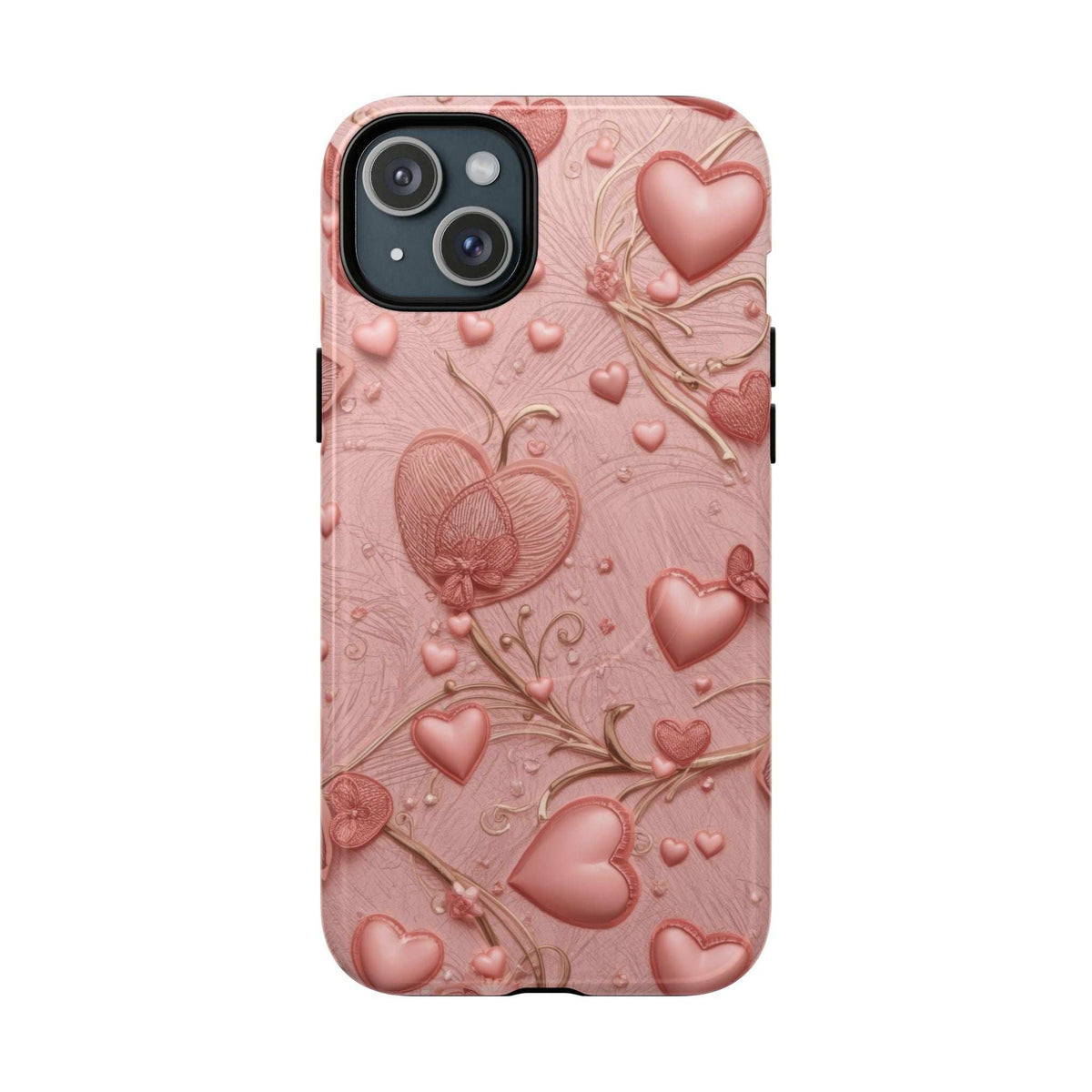 Pink phone case with embossed hearts and leaf pattern, side buttons and camera cutout