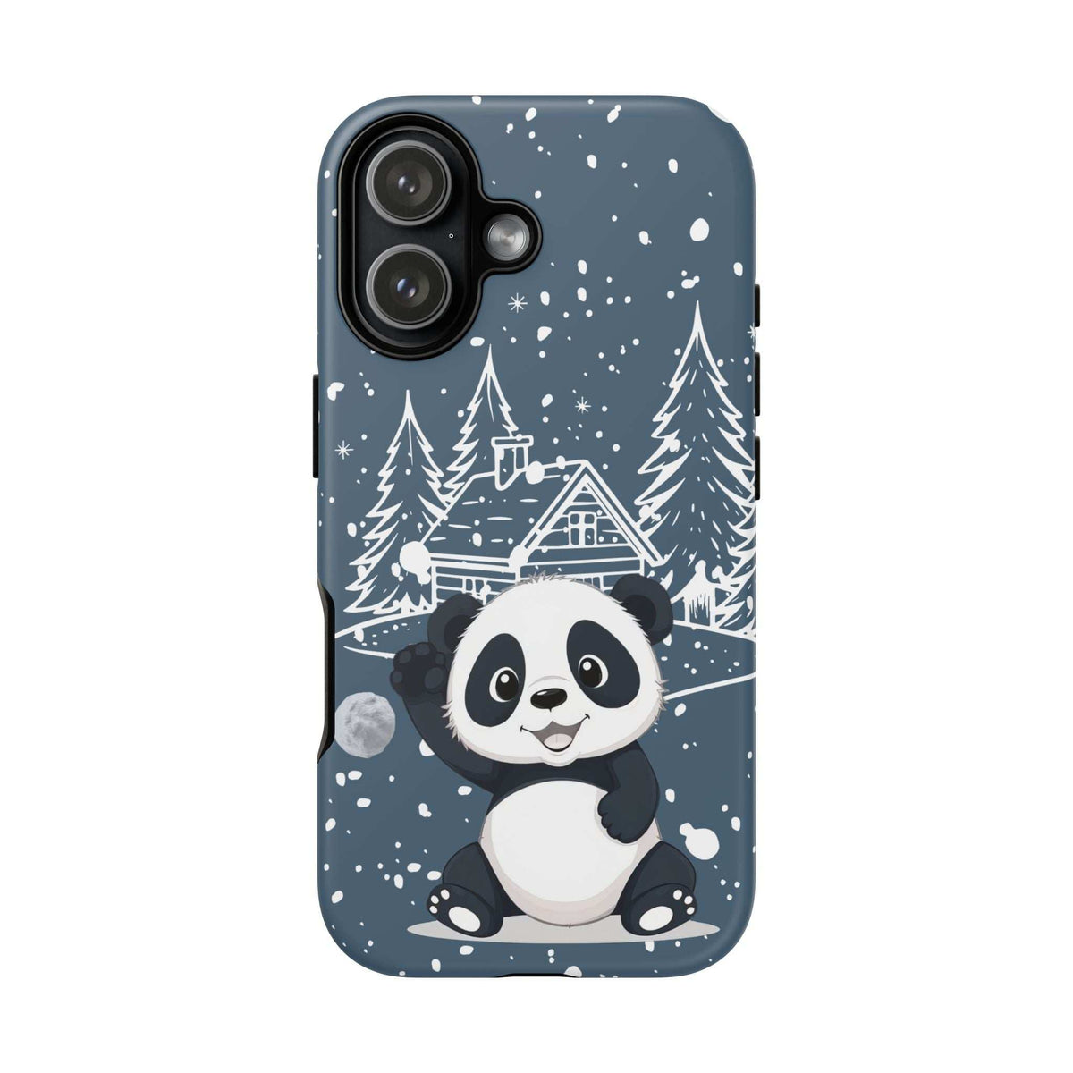 Dark blue iPhone phone case with cute panda sitting in snow, pine trees and snowfall pattern