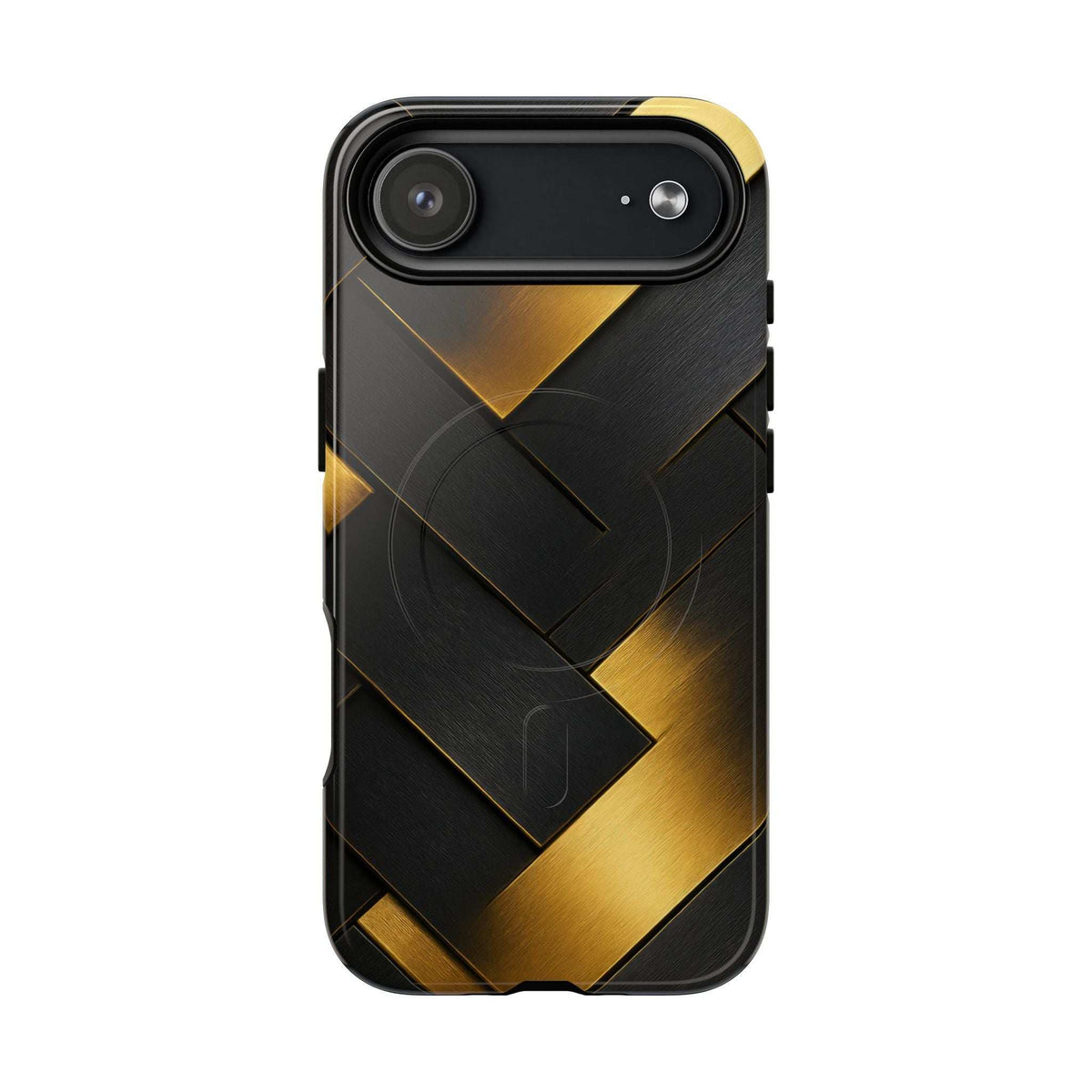 Glossy black phone case with gold diagonal chevron pattern, rear view with triple camera cutout