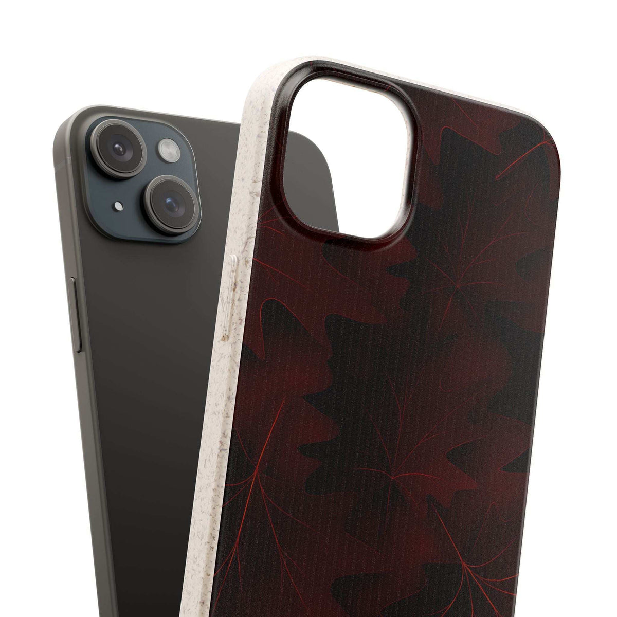 Burgundy autumn leaf phone case with slim bumper and large front cutout