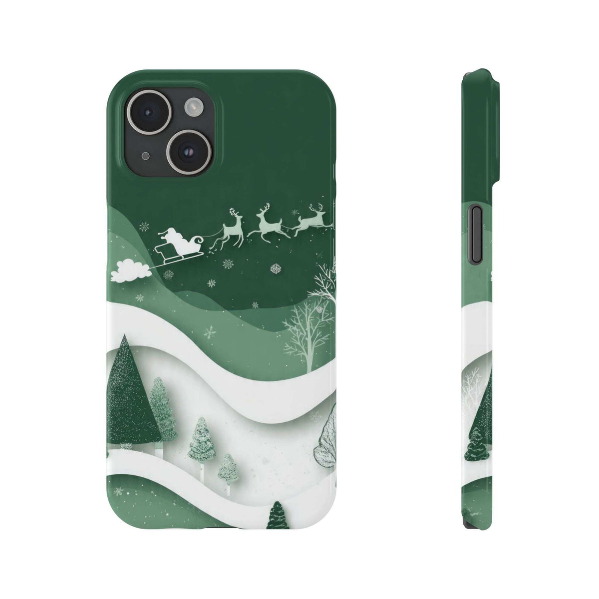 Green phone case with snowy forest landscape and reindeer sleigh, front and side