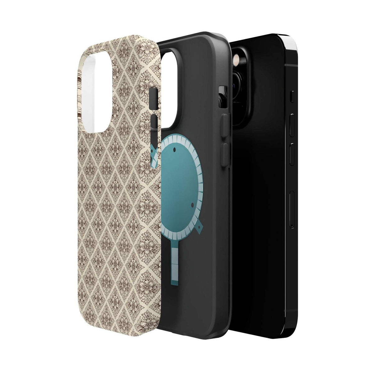 Beige patterned phone case with blue oval design, side profile with volume and power cutouts
