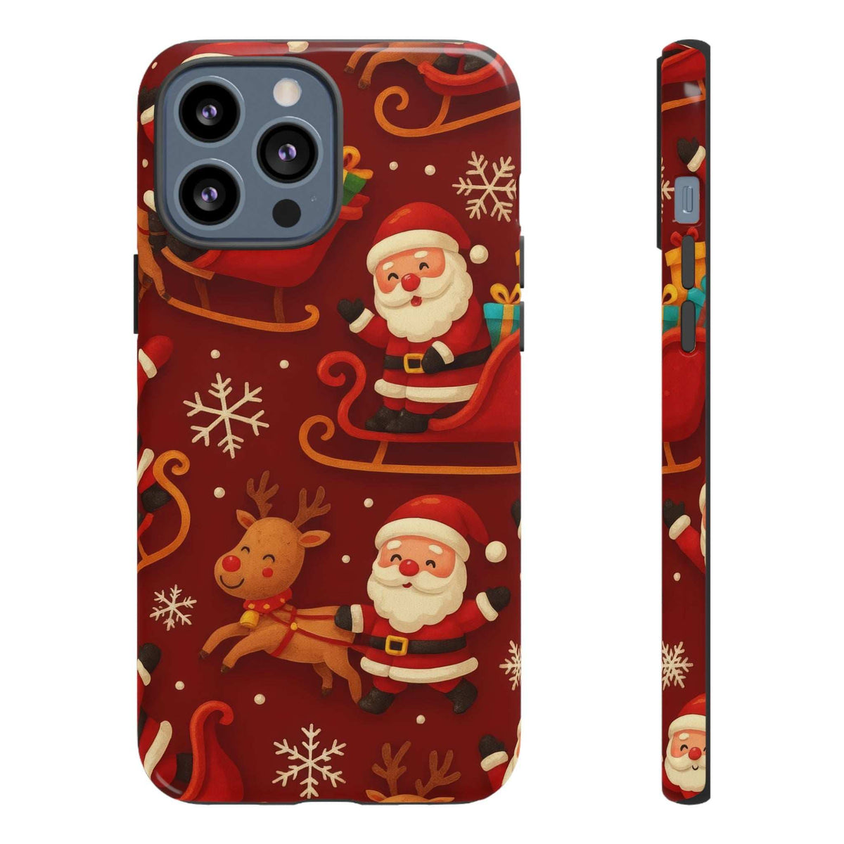 Glossy red Santa sleigh ride phone case with Santa in sleigh and reindeer; side view.