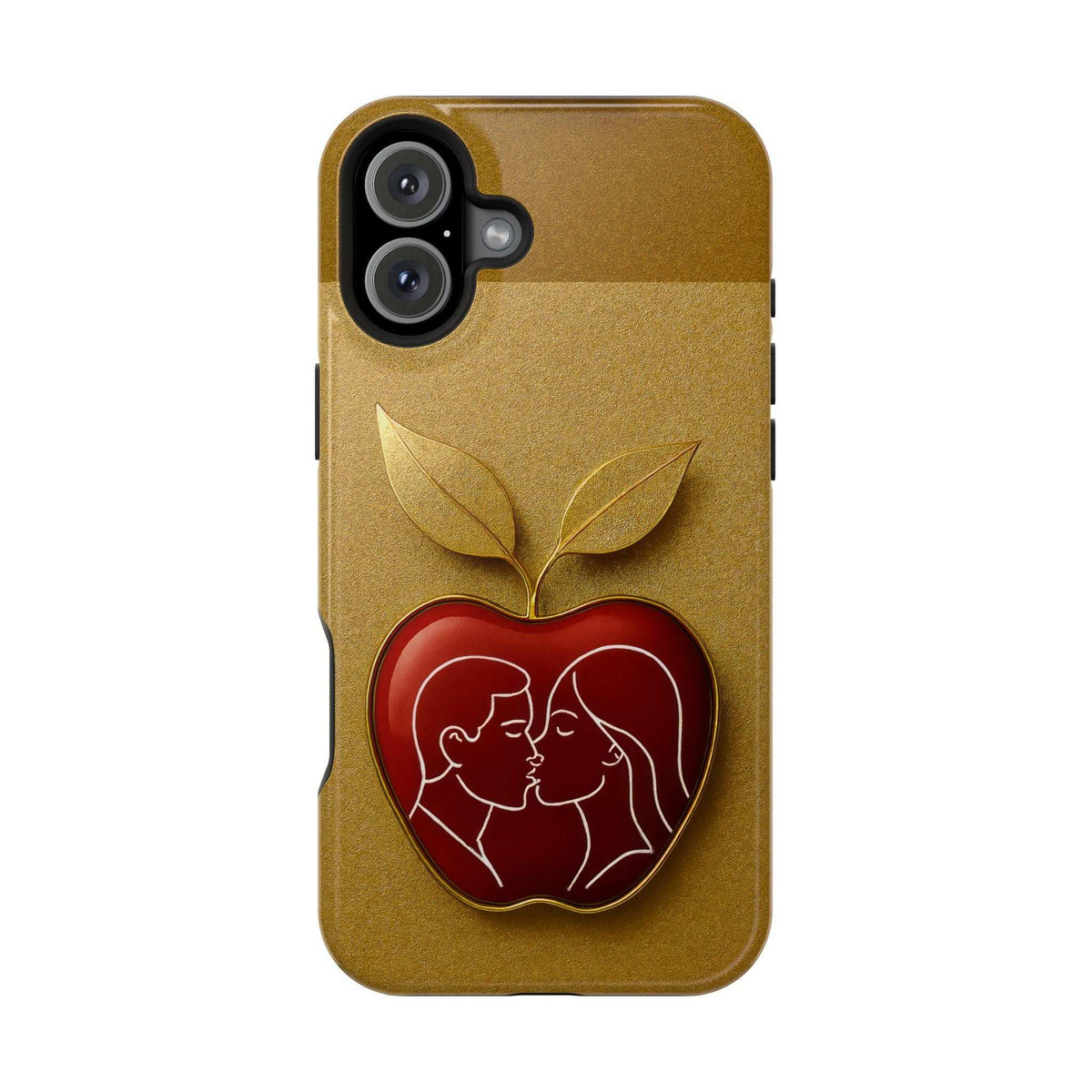 Gold glitter phone case with red heart couple and apple leaves; raised camera protection