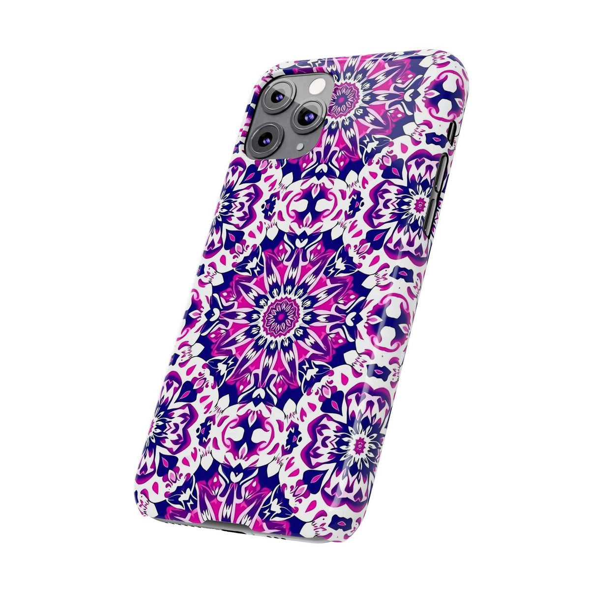 Phone case back view with purple, pink, and white mandala floral print.