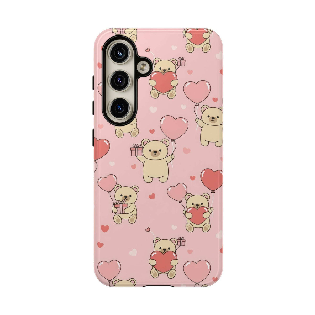 Pink phone case with teddy bears and hearts; back view with large vertical camera cutout