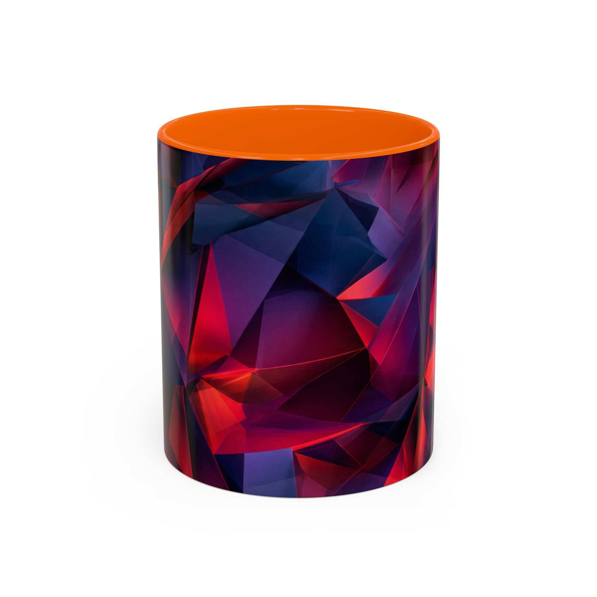 Ceramic coffee mug with geometric red and blue abstract pattern, bright orange rim