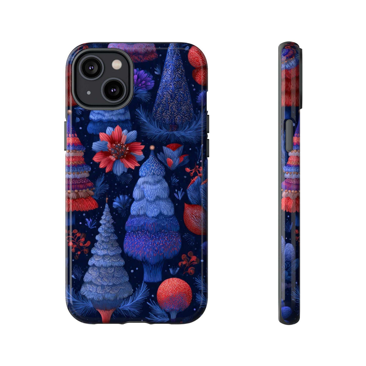 Phone case back with blue trees, red poinsettia blooms, and ornament patterns near the bottom
