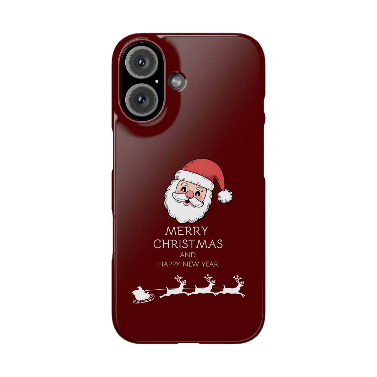 Glossy red phone case with Santa hat graphic, “MERRY CHRISTMAS” and camera cutout.