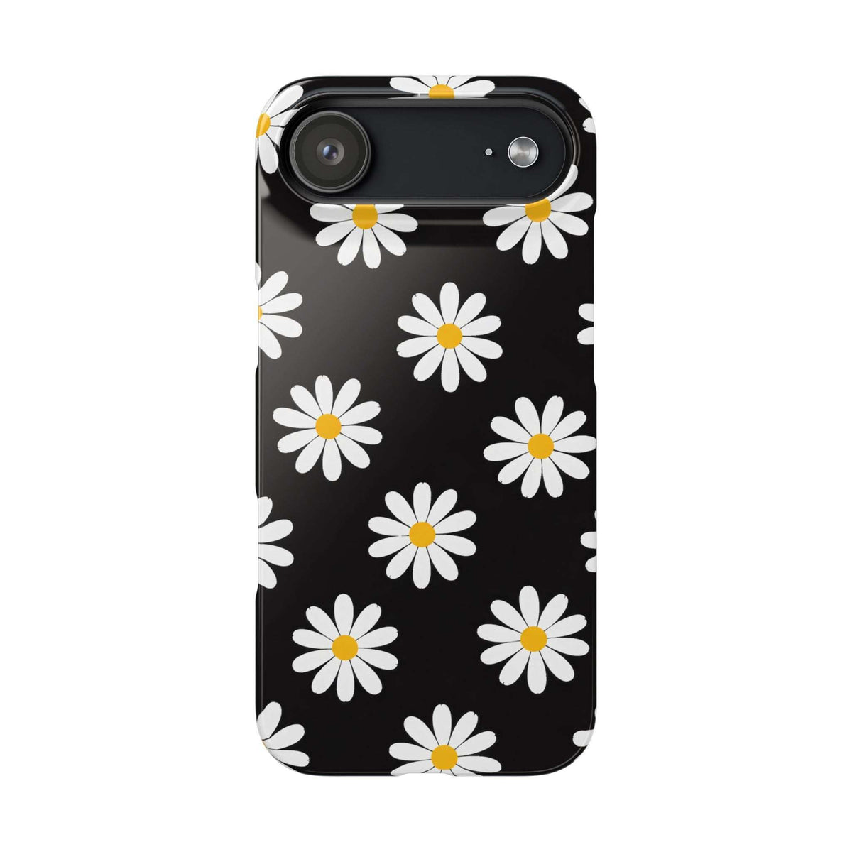 Black phone case with white daisies and yellow centers; back view with top camera cutouts