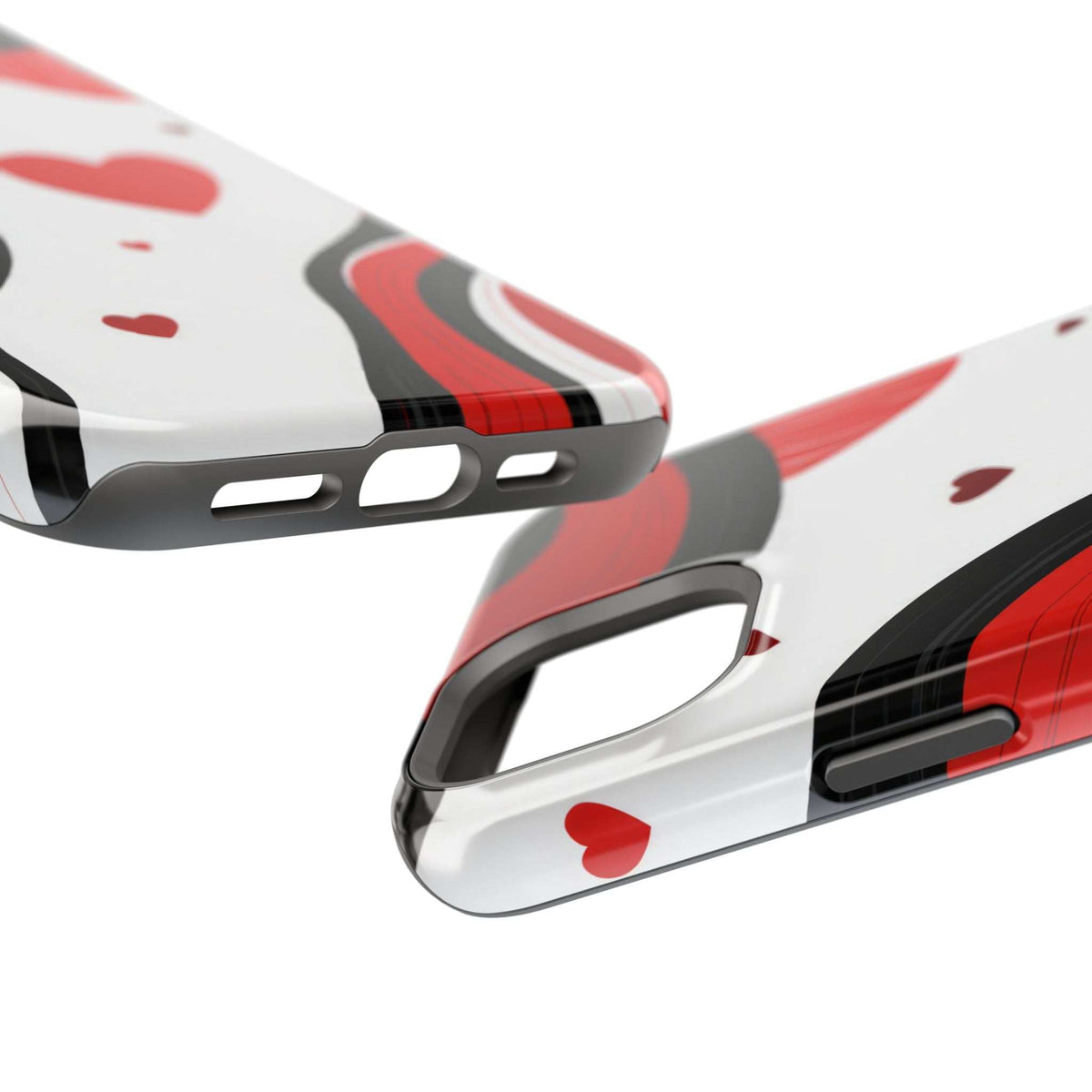 Glossy phone case showing side buttons and cutouts; red and black wave heart design