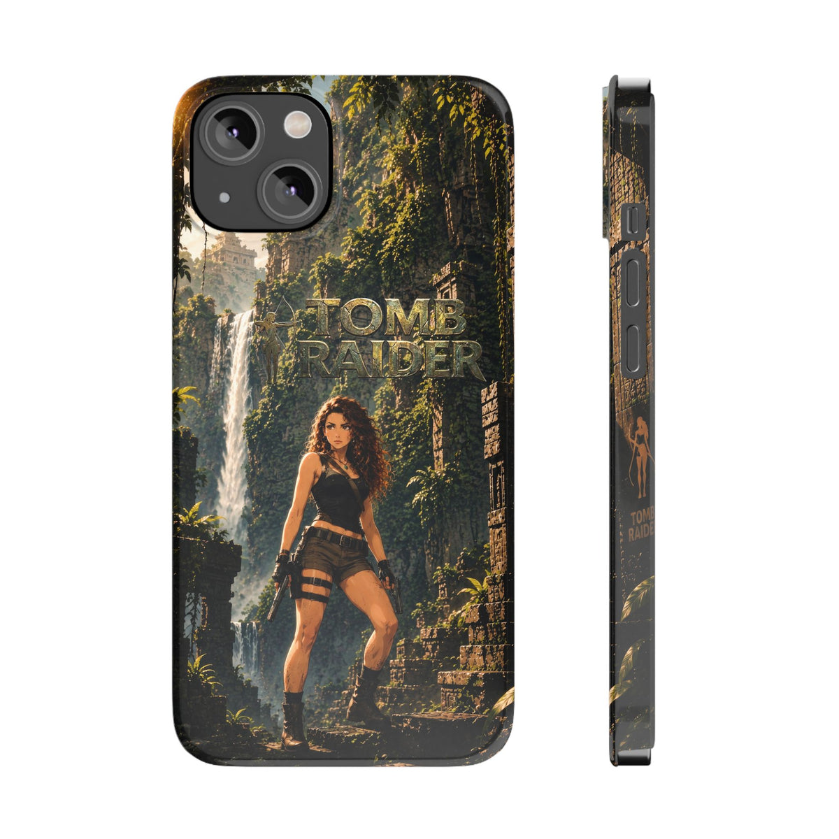 Tomb Raider iPhone case, front and side view with character artwork and button cutout
