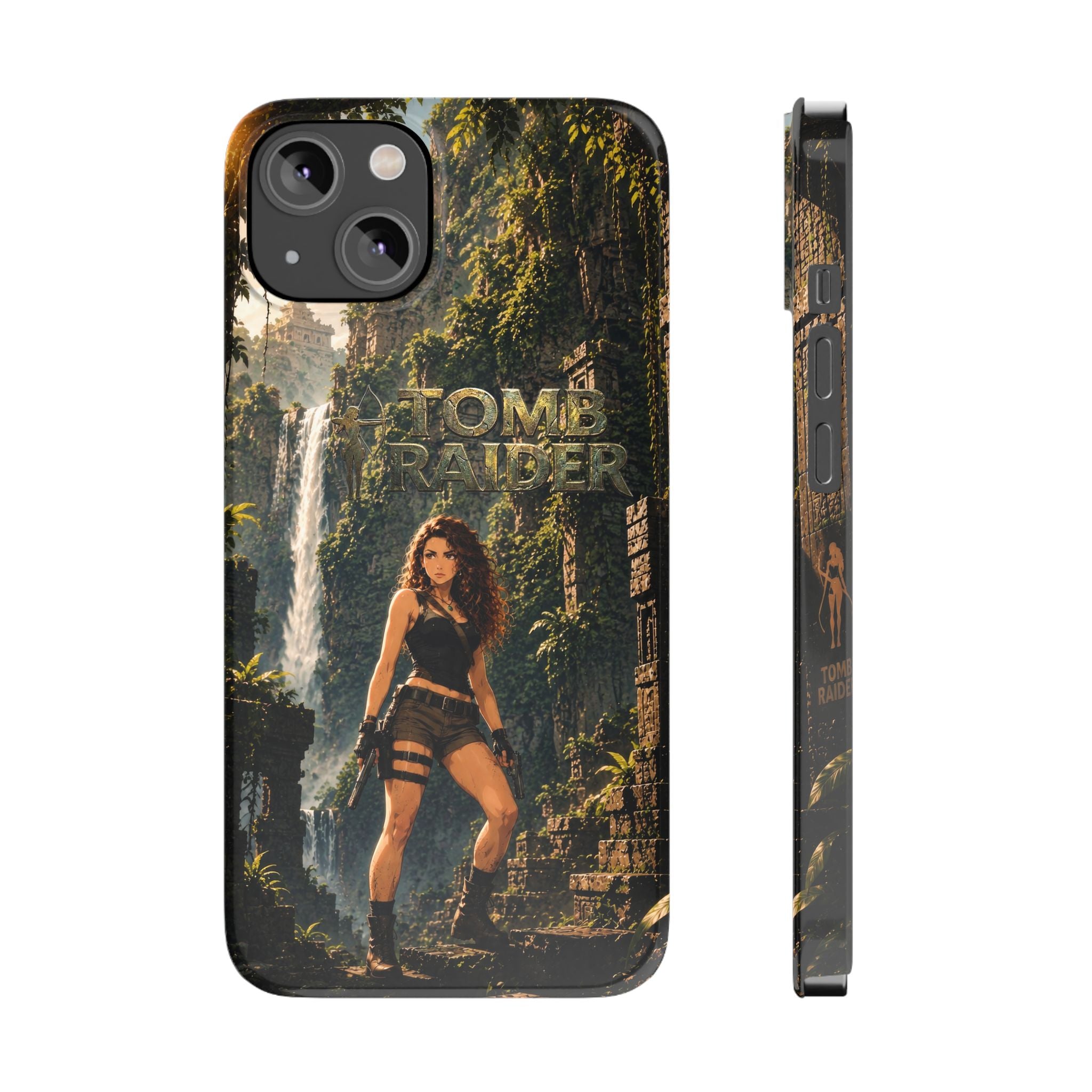Tomb Raider iPhone case, front and side view with character artwork and button cutout