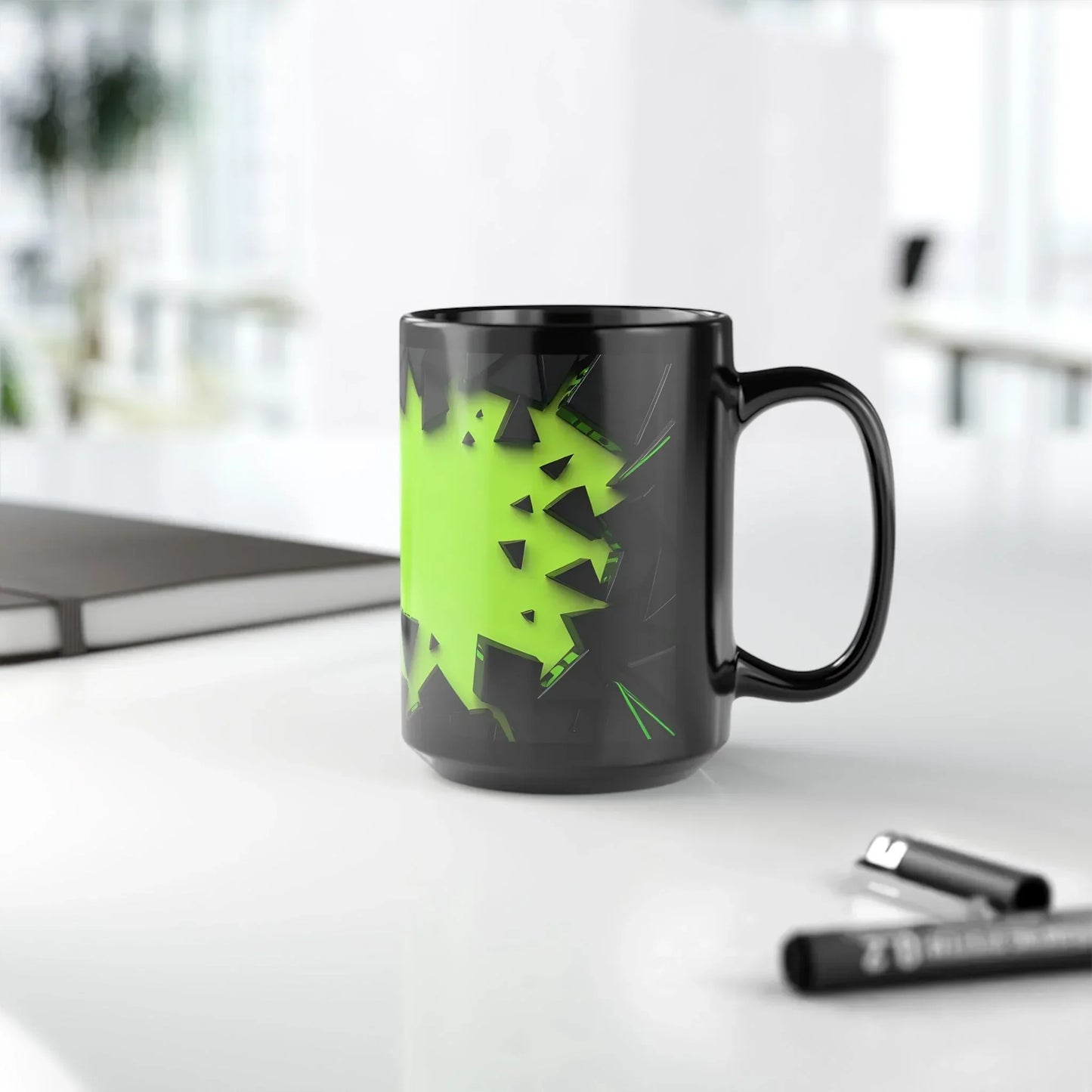 Dynamic Black & Neon Green Mug – 15oz Geometric Design - KarArmDesign