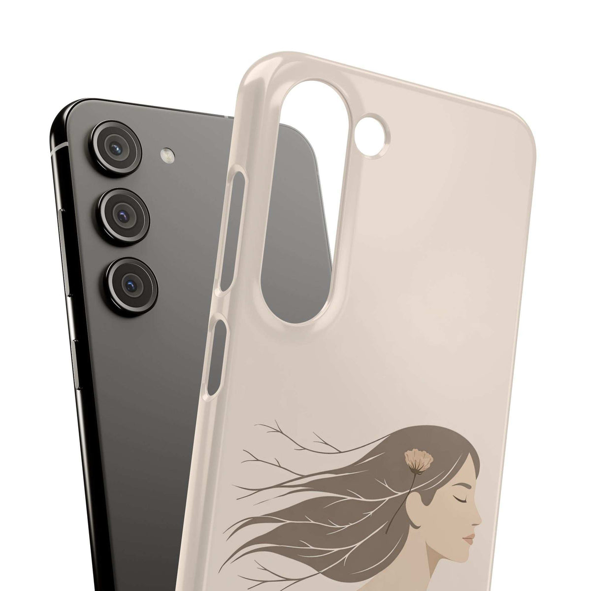 Cream phone case with floral line art woman profile and large top camera opening