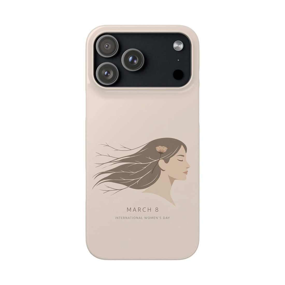 Beige phone case with women’s day profile graphic and camera cutouts.