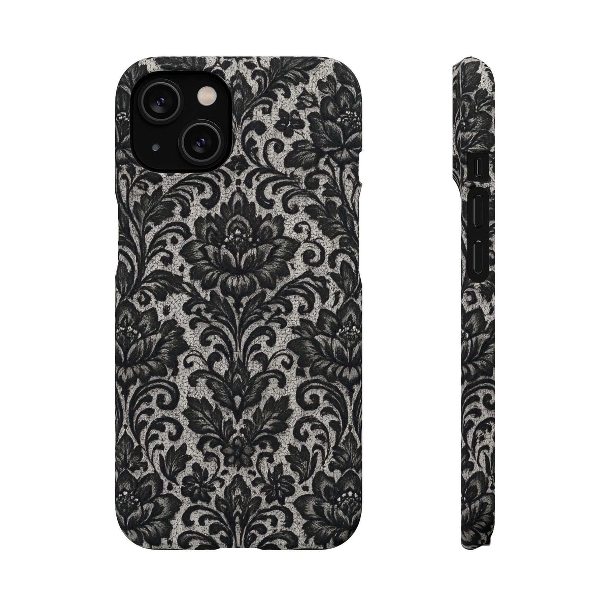 Black damask floral phone case with front camera opening and narrow side protection