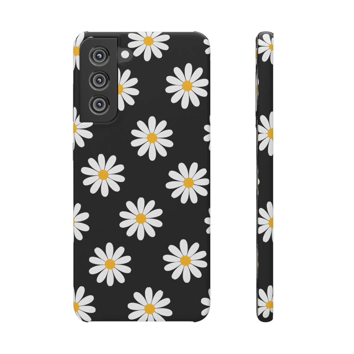 Black phone case with white daisies and yellow centers; triple camera cutouts on back.
