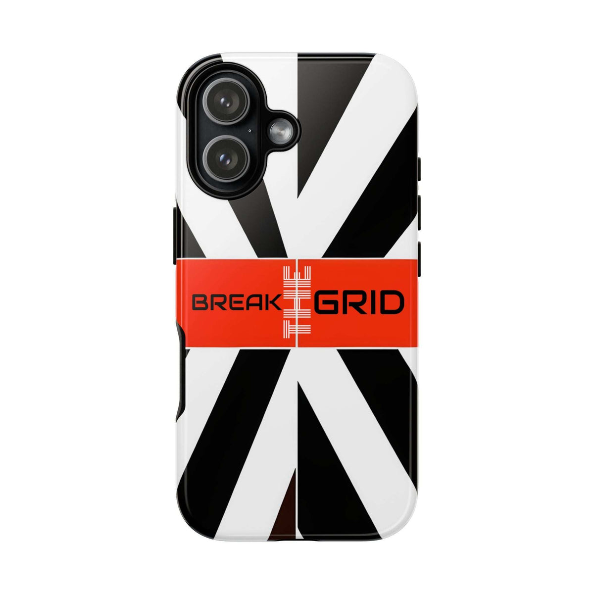 Phone case with dual camera lenses and black-and-white geometric pattern plus orange band