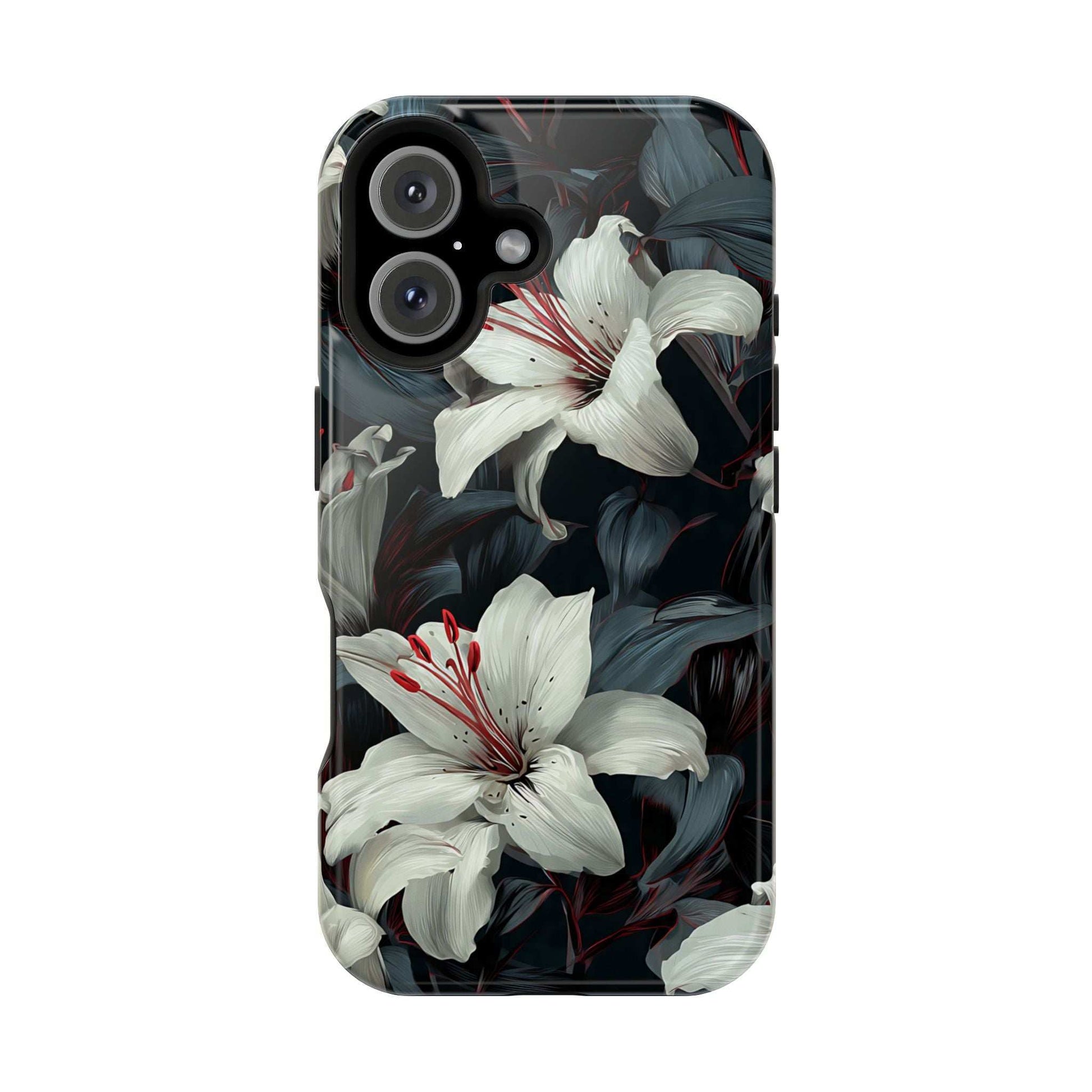 iPhone phone case with white lily blossoms and dark leaf pattern, camera module at top left