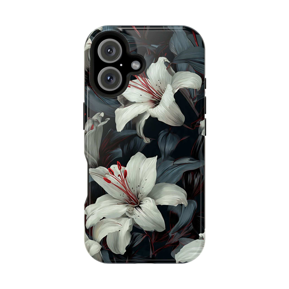 iPhone phone case with white lily blossoms and dark leaf pattern, camera module at top left