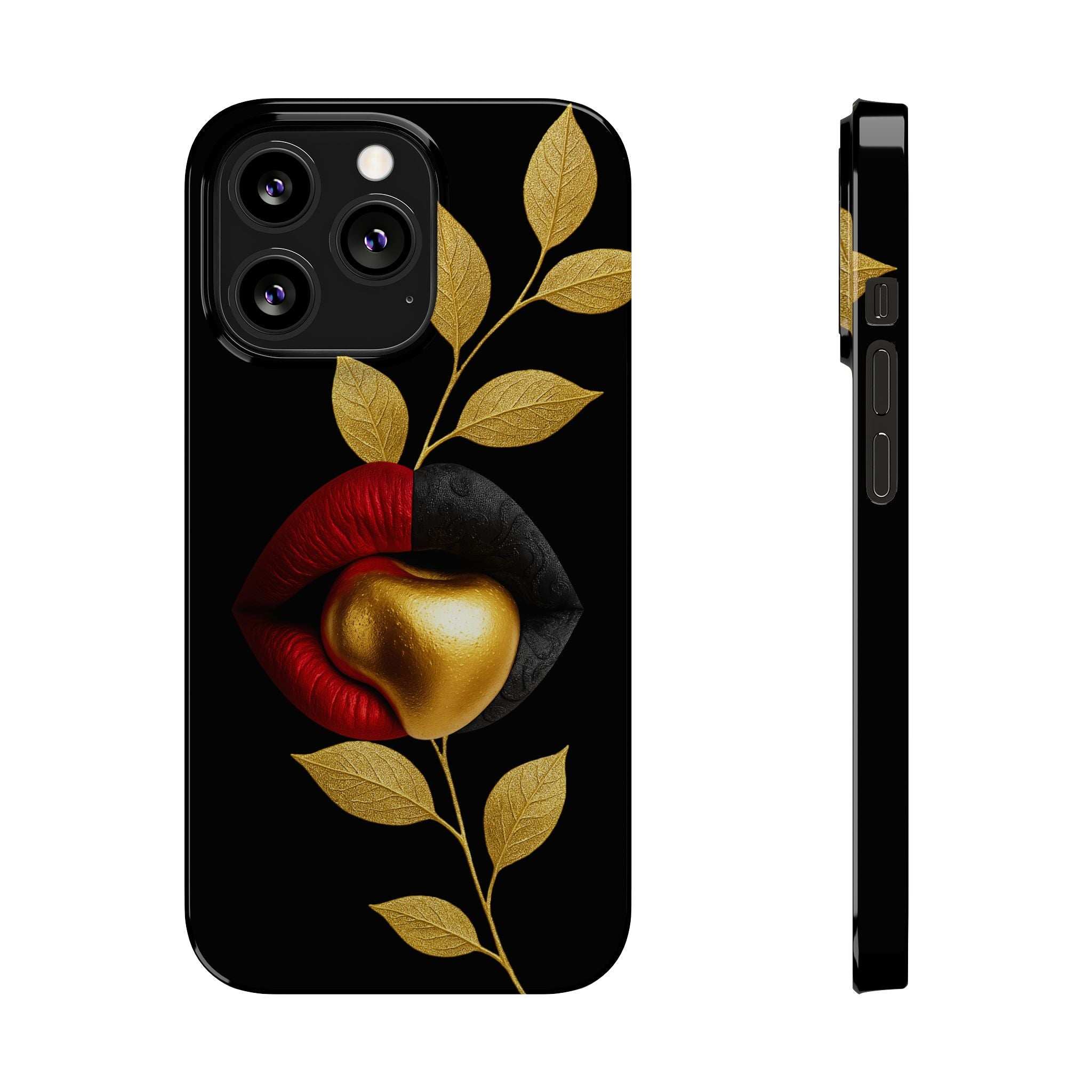 Black iPhone phone case with gold leaf and red lips design; raised camera cutout