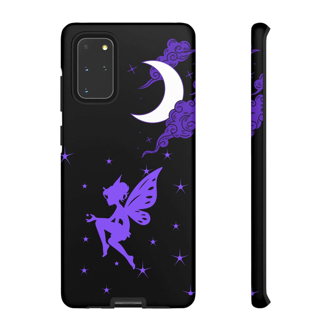 Black phone case with purple fairy, moon, and stars; cutouts for camera and flash