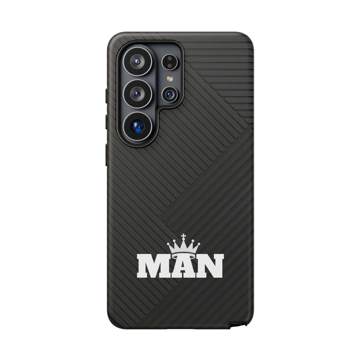 Black phone case with MAN logo, textured surface, and four-lens camera cutout layout