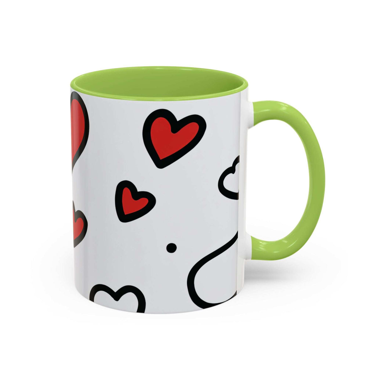 Heart-accent coffee mug, white with red hearts, green rim and handle